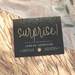 Modern Gold Glitter Surprise Birthday Party Uitnodiging Briefkaart