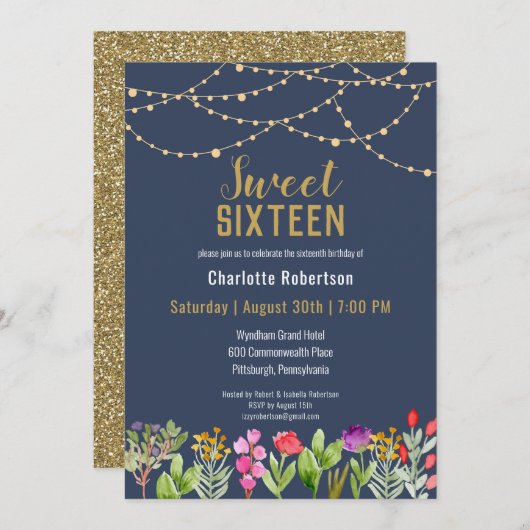 Modern Gold Glitter Sweet 16 Birthday Kaart (Voorkant / Achterkant)