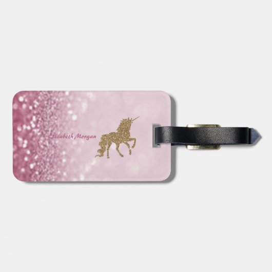 Modern Gold Glitter Unicorn, Glitter Bokeh Bagagelabel (Achterkant horizontaal)