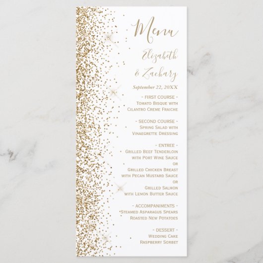 Modern Gold Glitter White Wedding Menu (Voorkant)