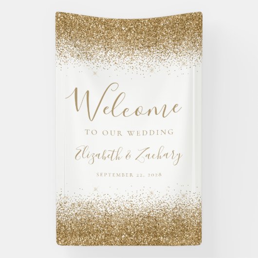 Modern Gold Glitter White Wedding Welcome Spandoek (Verticaal)
