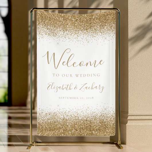 Modern Gold Glitter White Wedding Welcome Spandoek