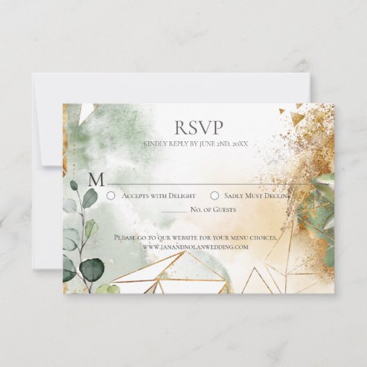 Modern Gold Green Botanical Geometric Weddenschap  RSVP Kaartje (Voorkant)