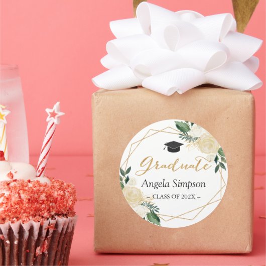 Modern Gold Green Floral Afstuderen Afstuderen Ronde Sticker (Feest)