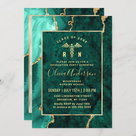 Modern Gold Green Nursing School Graduparty Kaart (Voorkant / Achterkant)