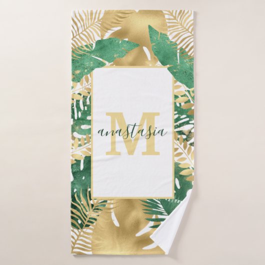Modern Gold Green Tropical Leaves Monogram Bad Handdoek (Badhanddoek)