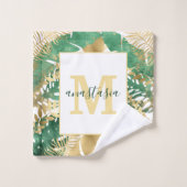 Modern Gold Green Tropical Leaves Monogram Bad Handdoek (Wasdoekje)