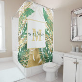 Modern Gold Green Tropical Leaves Monogram Douchegordijn (In situ)