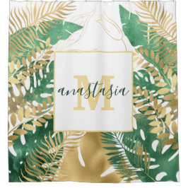 Modern Gold Green Tropical Leaves Monogram Douchegordijn
