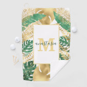 Modern Gold Green Tropical Leaves Monogram Golfhanddoek (Insitu)