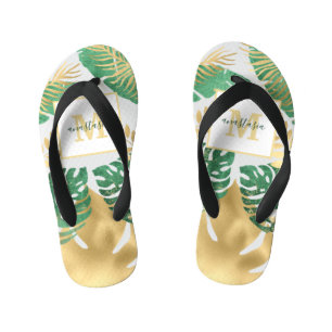 Modern Gold Green Tropical Leaves Monogram Kinder Teenslippers