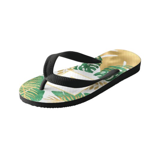 Modern Gold Green Tropical Leaves Monogram Kinder Teenslippers (Schuin)