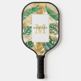 Modern Gold Green Tropical Leaves Monogram Pickleball Paddle