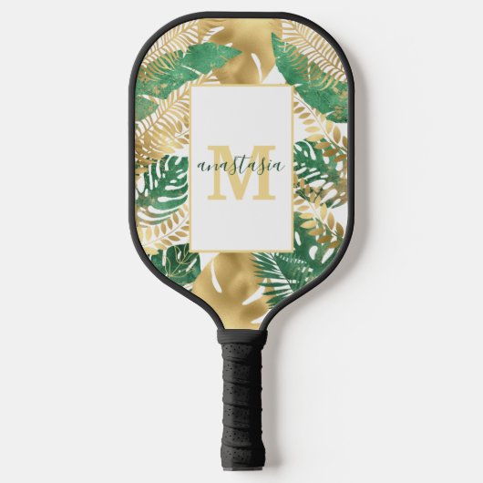 Modern Gold Green Tropical Leaves Monogram Pickleball Paddle (Voorkant)