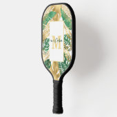 Modern Gold Green Tropical Leaves Monogram Pickleball Paddle (Links)