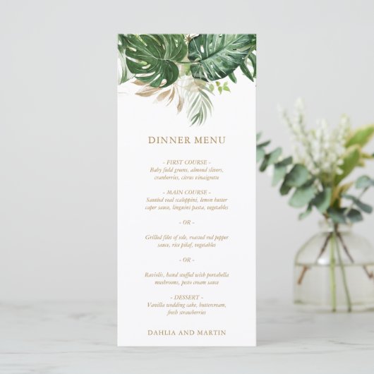 Modern Gold Greenery Tropical Wedding Menu (Staand voorkant)