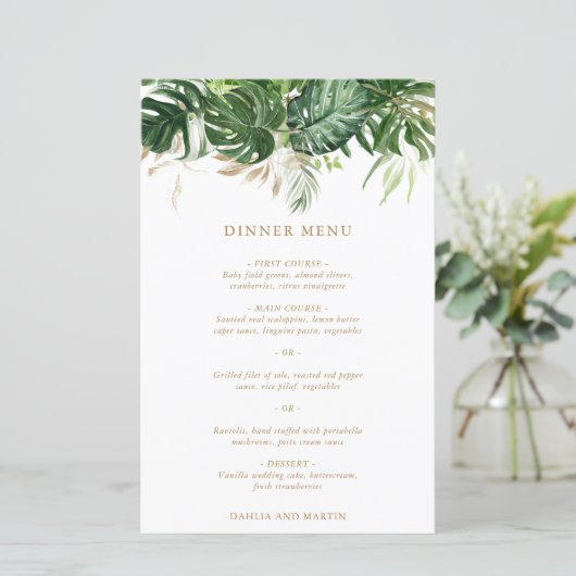 Modern Gold Greenery Tropical Wedding Menu (Staand voorkant)