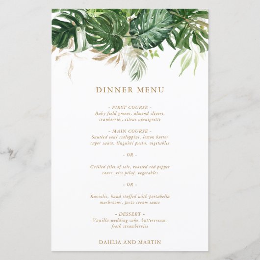 Modern Gold Greenery Tropical Wedding Menu (Voorkant)