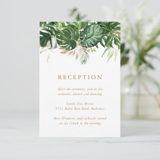 Modern Gold Greenery Tropical Wedding Reception Informatiekaartje (Staand voorkant)