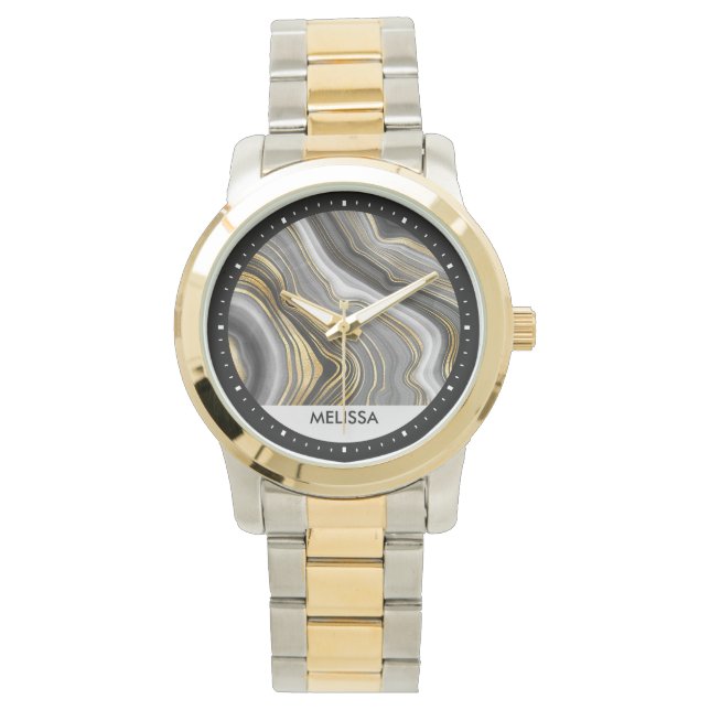 Modern Gold & Grey Agate Geode Gemstone Horloge (Voorkant)