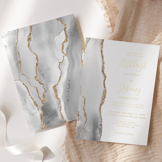 Modern Gold Grey White Agate Wedding Folie Uitnodiging