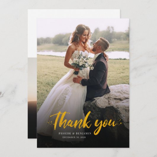 Modern Gold Hand-Lettered Photo Wedding Bedankkaart (Voorkant / Achterkant)