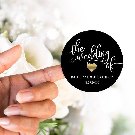 Modern Gold Heart Black White The WEDDING of Seals Ronde Sticker