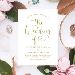 Modern Gold Heart Calligraphy Script Wedding Kaart