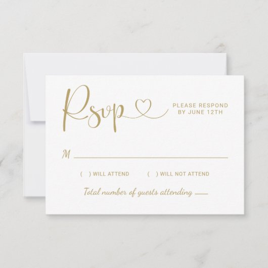 Modern Gold Heart Calligraphy Script Wedding RSVP Kaartje (Voorkant)