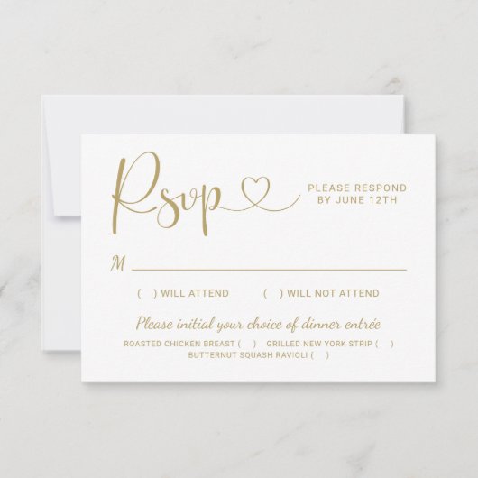 Modern Gold Heart Calligraphy Script Wedding RSVP Kaartje (Voorkant)