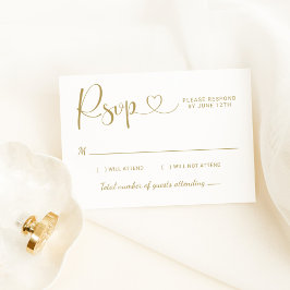Modern Gold Heart Calligraphy Script Wedding RSVP Kaartje