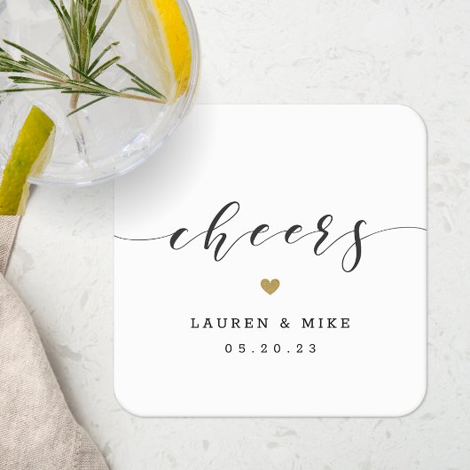 Modern Gold Heart Cheers Wedding Kartonnen Onderzetters