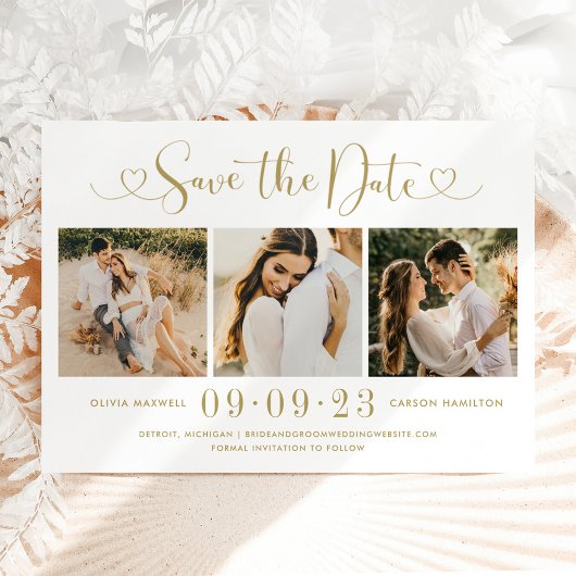 Modern Gold Heart Script 3 Photo WeduwCollage Save The Date