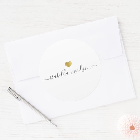 Modern Gold Heart Script Name  Ronde Sticker (Envelop)