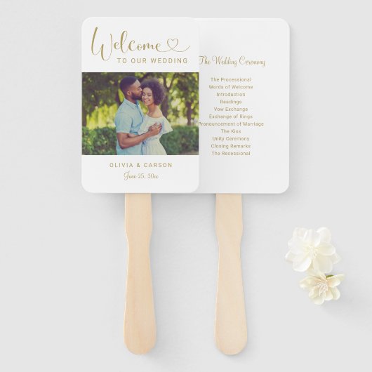 Modern Gold Heart Script Weduwfoto-ceremonie Handwaaier (Voorkant en achterkant)