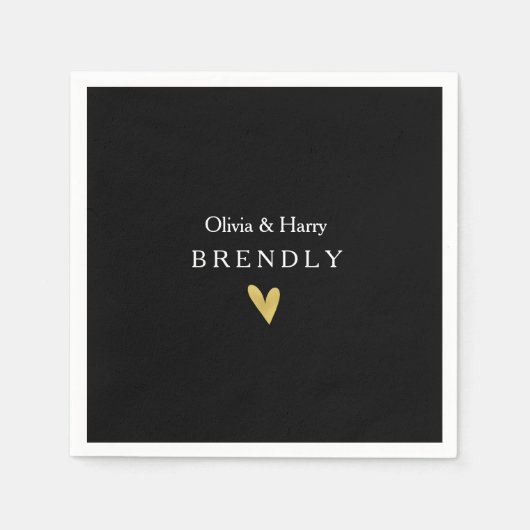 Modern Gold Heart Trouwpapier Servetten - Zwart (Voorkant)