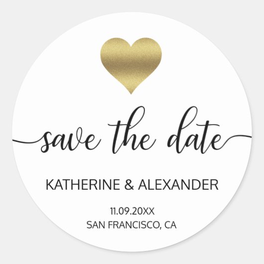 Modern Gold Heart White Wedding BEWAAKT DE DATUM Ronde Sticker (Voorkant)
