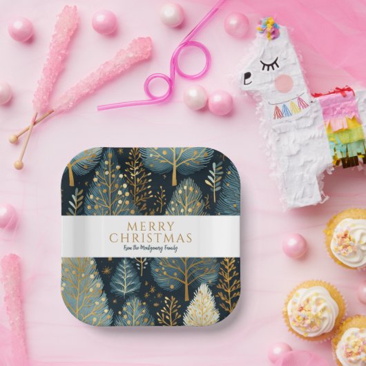 Modern Gold Holiday Forest Gepersonaliseerde Kerst Papieren Bordje (Feest)