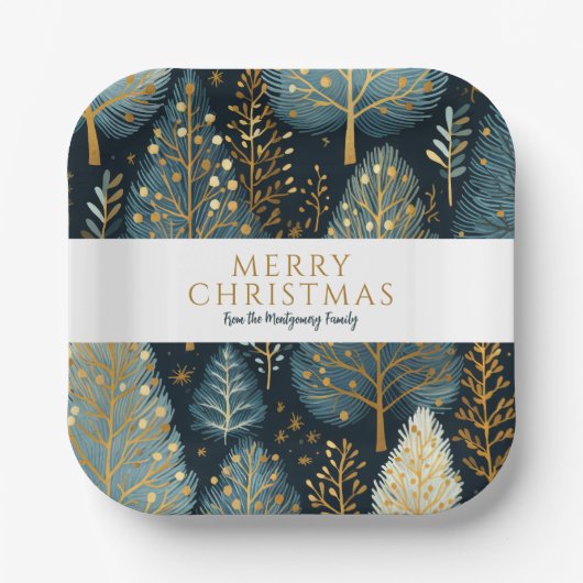 Modern Gold Holiday Forest Gepersonaliseerde Kerst Papieren Bordje (Voorkant)