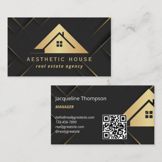 Modern Gold House Logo Real Estate Realtor black Visitekaartje (Voorkant / Achterkant)