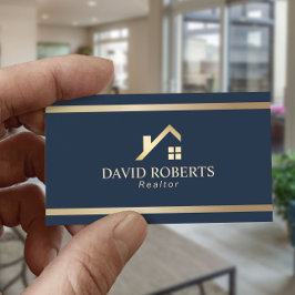 Modern Gold House Logo Real Estate Realtor Navy Visitekaartje