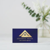 Modern Gold House Logo Real Estate Realtor Navy Visitekaartje (Staand voorkant)