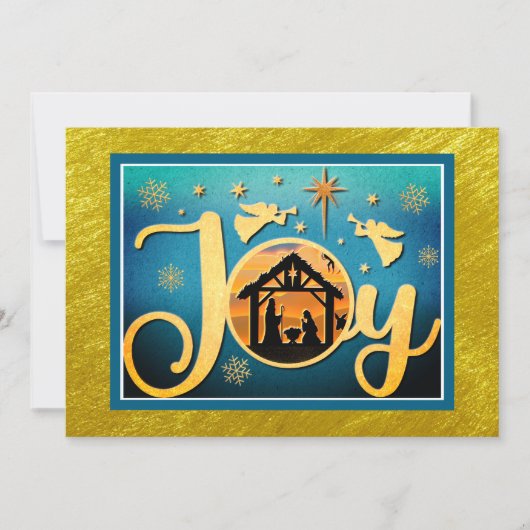Modern Gold "JOY" Nativity Silhouette Christmas Feestdagenkaart (Voorkant)
