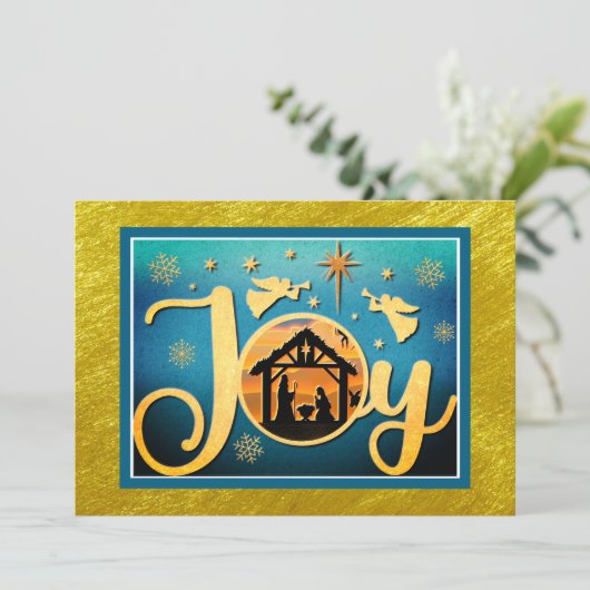 Modern Gold "JOY" Nativity Silhouette Christmas Feestdagenkaart (Staand voorkant)