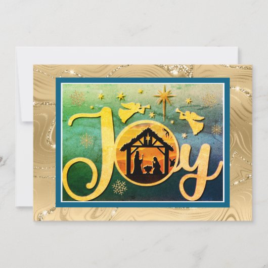 Modern Gold "JOY" Nativity Silhouette Christmas Feestdagenkaart (Voorkant)