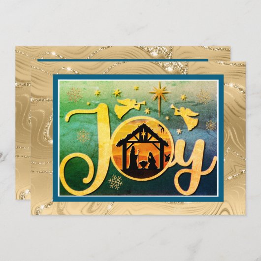 Modern Gold "JOY" Nativity Silhouette Christmas Feestdagenkaart (Voorkant / Achterkant)