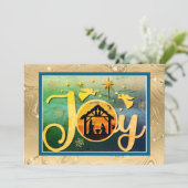 Modern Gold "JOY" Nativity Silhouette Christmas Feestdagenkaart (Staand voorkant)