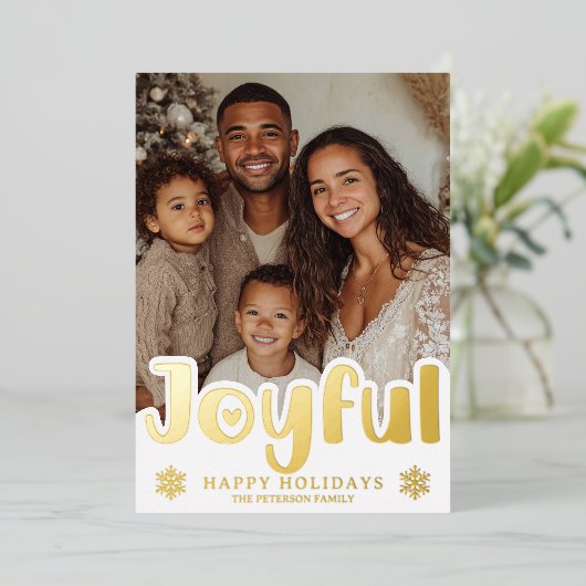 Modern Gold Joyful Luxe Photo Christmas Folie Feestdagenkaart (Staand Voorkant)