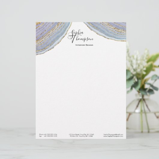 Modern Gold Lavender Geode Agate - Letterhead Briefhoofd (Staand voorkant)