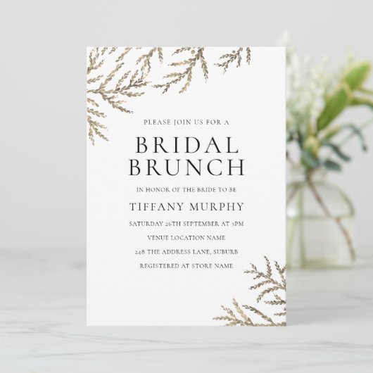 Modern Gold Leaf Elegant Bridal Brunch Uitnodiging (Staand voorkant)